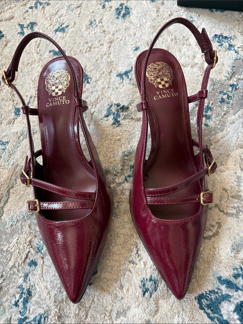 Vince Camuto Burgundy Patent Pointed Slingback Pumps with Double Straps
